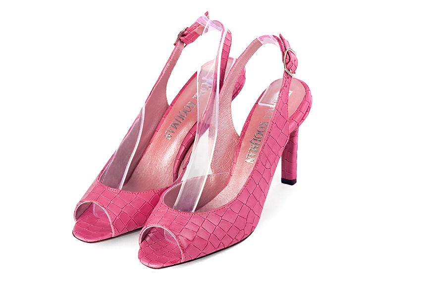 Women's carnation pink open-toe dress pumps with back strap. Round toe. High slim heel - Front view